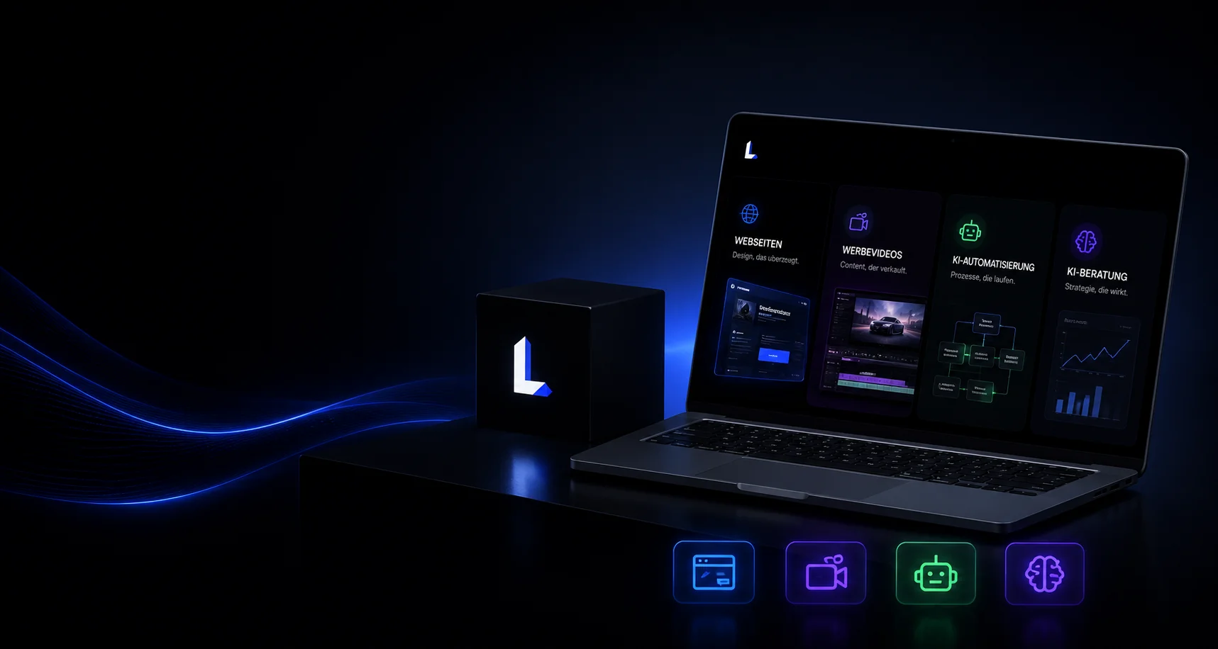 Lumova — Laptop mit Website, KI-Cube und Service-Icons