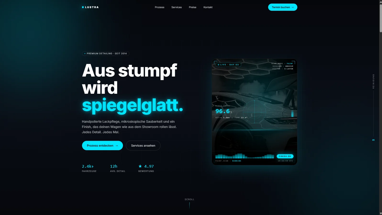 Lumova Referenz: Lustra — Website für professionelle Fahrzeugaufbereitung